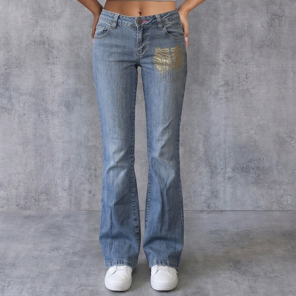 Southpole Women 10 Blue Denim Jeans Bootcut Y2K Glitter Logo Graphic Streetwear